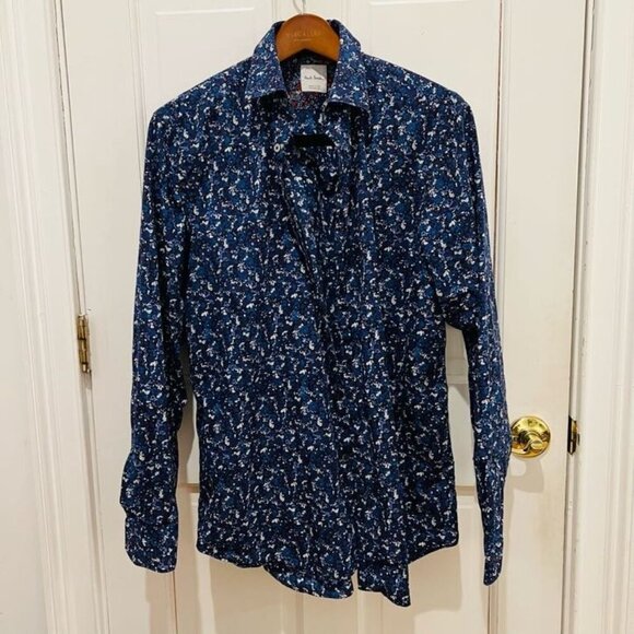 Paul Smith Current Blue White Floral AOP Cotton Mens Button Front Size 16.5 - Picture 16 of 16